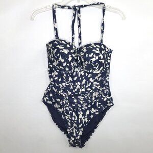 Navy Blue Floral Swimsuit One Piece Padded Push Up Sz M, Wave Zone